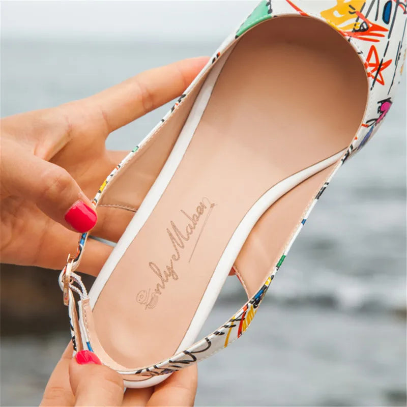 Women Pointed Toe Slingback Sandals Ankle Strap Kitten Heels Party Wedding Graffiti Shoes 6.5CM Pumps