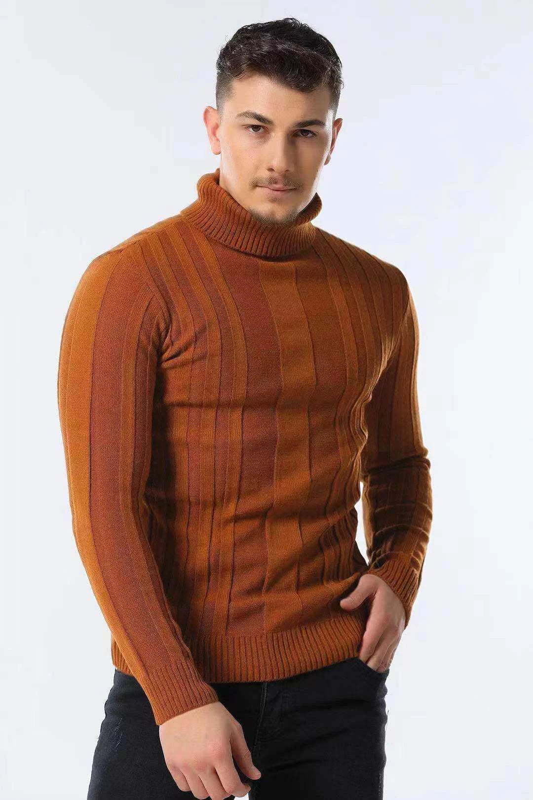 Men's Slim Fit Pullovers Turtleneck Casual Basic Solid Colour Warm Striped Sweater Male Winter Fashion Sweaters