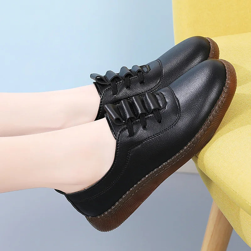 Women Ladies Mother Female Genuine Leather Flats Loafers White Shoes Soft Non Slip Vulcanized Shoes Size 35-41