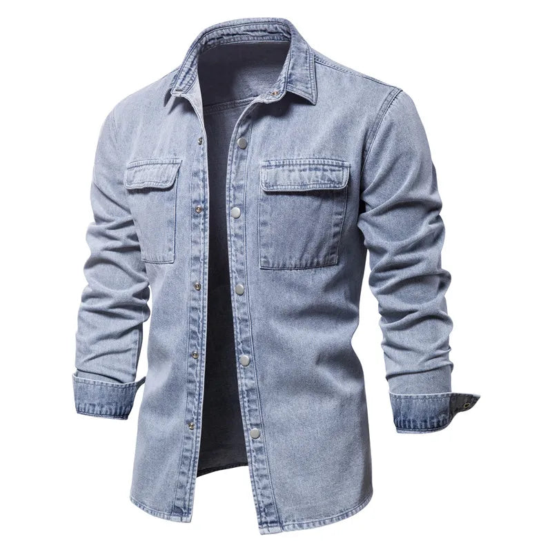 Men's 100% Cotton Denim Shirts Solid Colour Double Pocket Casual Long Sleeve Shirts Autumn Thickened Shirts For Men