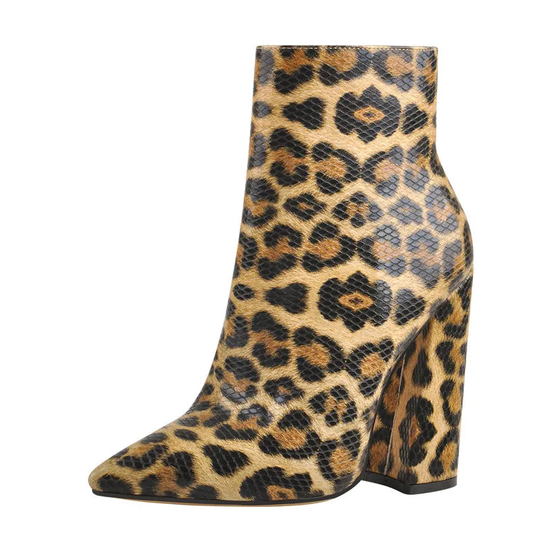 Women Pointed Toe 10CM Leopard Chunky Heels Ankle Boots Side Zipper High Heel Thick Autumn Booties