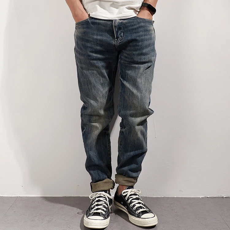 353# Autumn and Winter New Japanese Retro Heavyweight Tooling Jeans Men's Fashion Washed Old Straight Loose Elastic Casual Pants