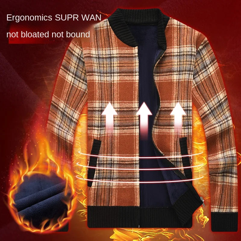 Men's Top Quality Woollen Thick Velvet Plaid Casual Baseball Collar Jacket, Korean Windbreaker Male Coats