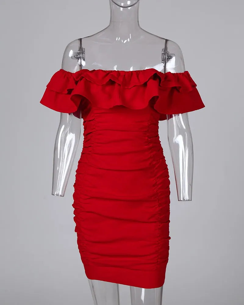 Women Slash Neck Floral Print Off Shoulder Ruffles Ruched Skinny Dress