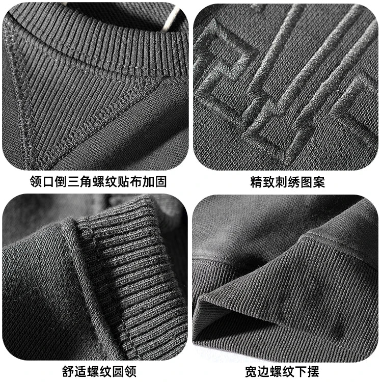Herfst- en winterhoodies van puur katoenen badstof met borduursel, herenmode, eenvoudige, gewassen ronde hals, casual sweatshirts