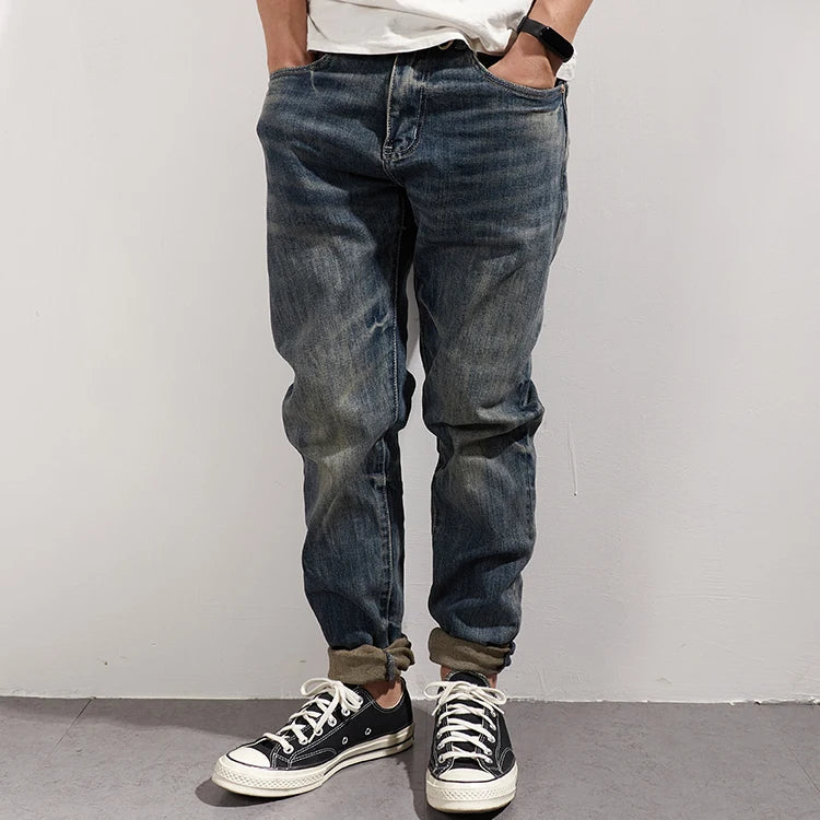 353# Autumn and Winter New Japanese Retro Heavyweight Tooling Jeans Men's Fashion Washed Old Straight Loose Elastic Casual Pants