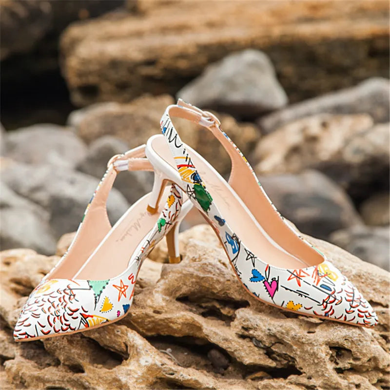 Women Pointed Toe Slingback Sandals Ankle Strap Kitten Heels Party Wedding Graffiti Shoes 6.5CM Pumps