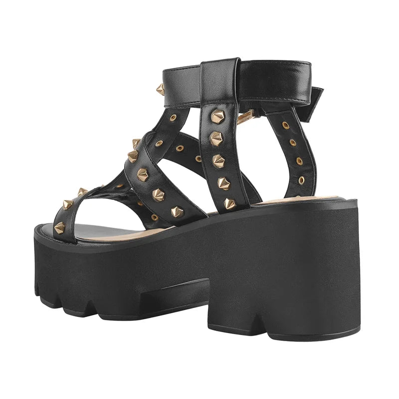 Women Summer Chunky Heel Platform Sandals Ankle Buckle Metal Rivet Matte Black Soft PU Leather Large Size Sandals