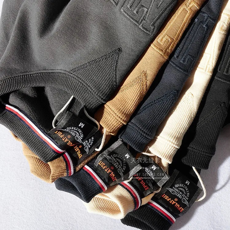 Herfst- en winterhoodies van puur katoenen badstof met borduursel, herenmode, eenvoudige, gewassen ronde hals, casual sweatshirts