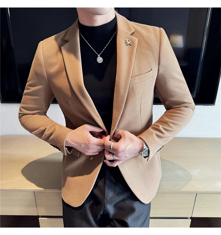 Men's Thickened High-Quality Daily Work Formal Single-Breasted Woollen Coat with Dark Stripe for Autumn and Winter Size S-4XL