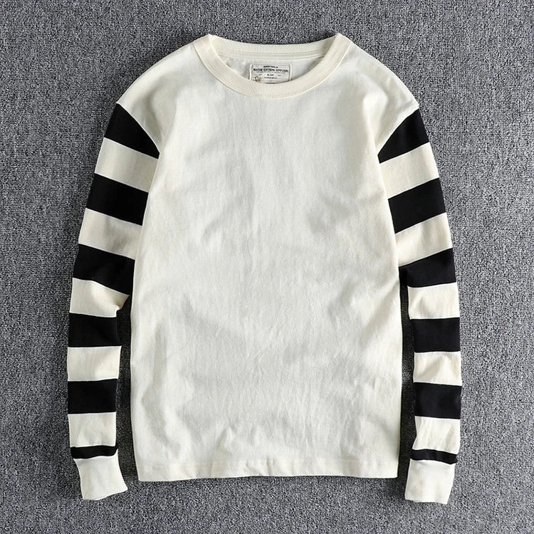 Herfst Amerikaanse Retro Lange Mouw Zwaargewicht Gestreept T-shirt Herenmode Puur Katoen Gewassen Gevangenis Motorfiets Casual Tops