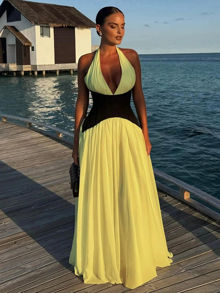 Elegant Contrast Patchwork Dress Women Halter Low-Neck Backless Ruched Ruffles Hem Vacation Beach Party Long Bodycon