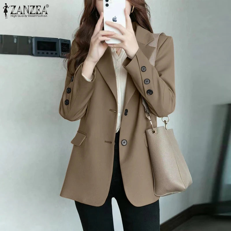 Women's Casual Blazer Elegant Office Lady Long Sleeve Lapel Neck Suit Jackets 2025 Korean Fashion Solid Commute Outerwear