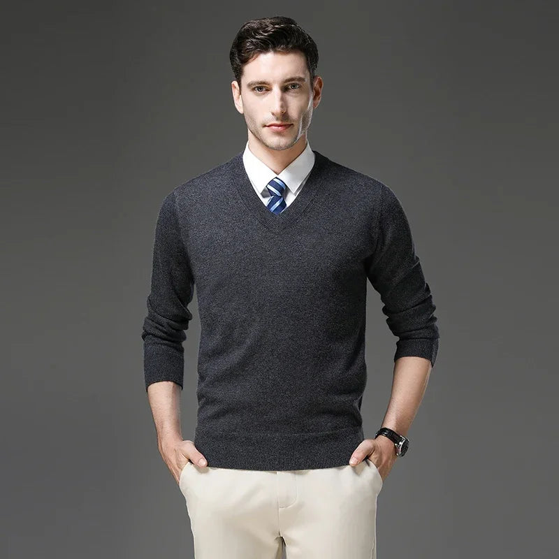 Men's Warm V-Neck Solid Colour Sweater, Autumn & Winter Stretch Top, Daily Leisure Pullover Knitwear, Male Business Casual