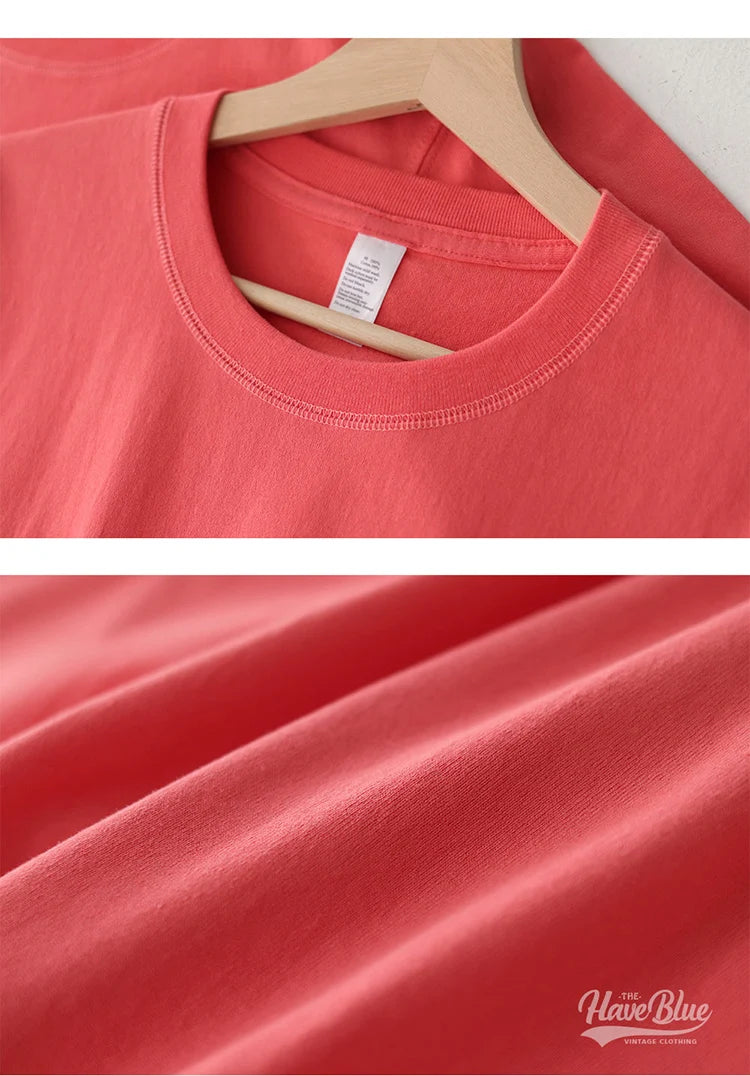 2025 Summer New American Retro 245G Short Sleeve O-neck Solid Color T-shirt Men's Fashion Simple 100% Cotton Washed Casual Tops