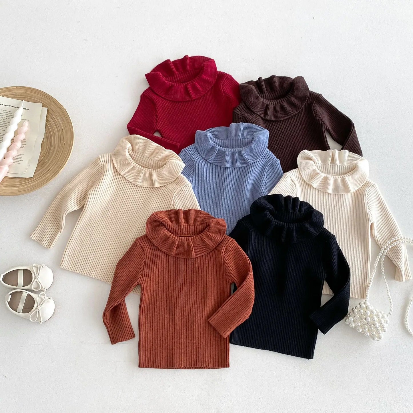 2025 Nieuwe effen trui met onderkant voor meisjes. Kinderkleding met lotusbladkraag en gebreide trui met basistopjes voor meisjes van 1-6 jaar.