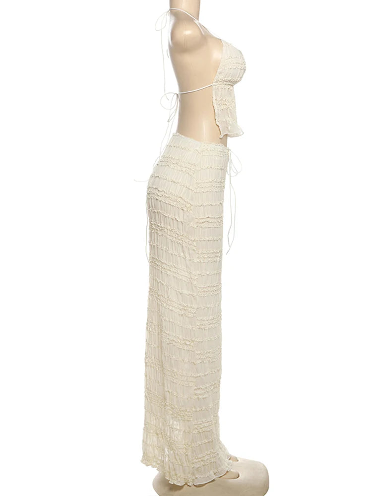 Sexy See-Through 2 Piece Set Women Lace-Up Halter Backless Crop Tops + Ruched Elegant Skirts Vacation Beach Party Suits