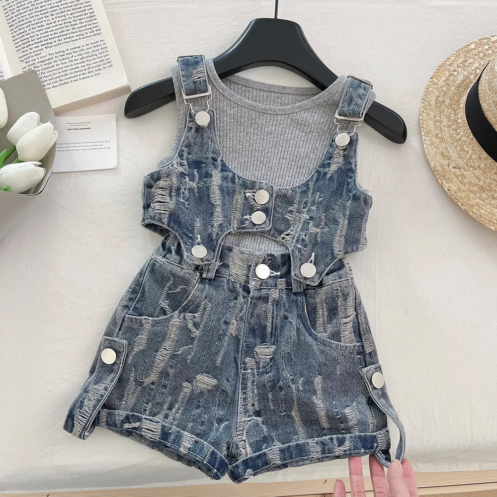 New Summer Girls Clothes 3PCS Set Kids Grey Pit Strip Vest + Ripped Denim Suit Children Fashion Outfit 4-6Y Unisex