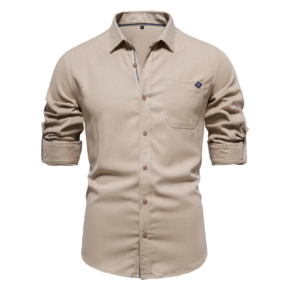 Men's 100% Cotton Social Spring Shirts Single Pocket Solid Colour Long Sleeve Shirts Turn-down Collar For Men