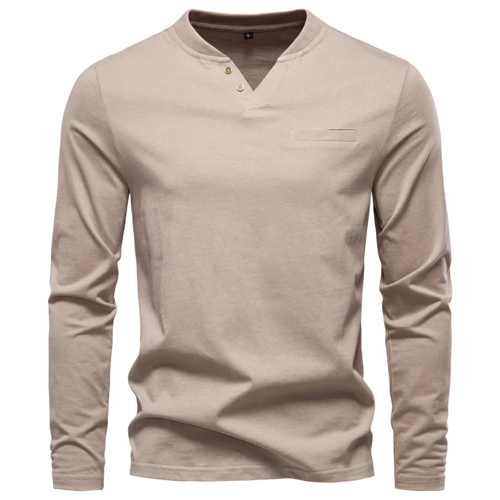 Men's High Quality Long Sleeve T-Shirt Fashion Pure Cotton Henley Collar Long Male T-Shirt