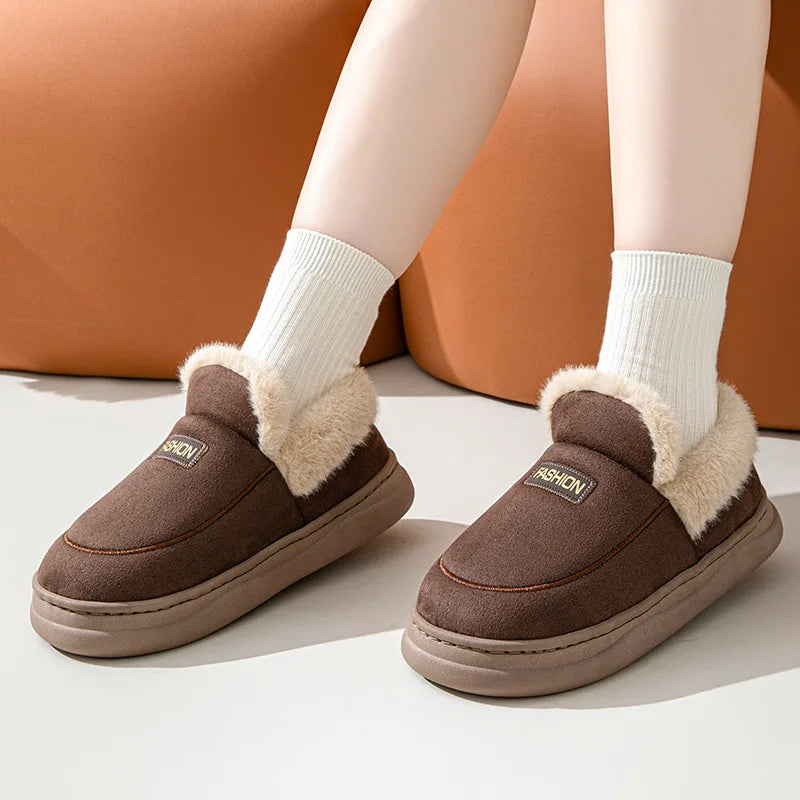 Unisex Plush Lining Shoes With Platform Soft Sole Indoor and Outdoor Slides Non-Slip Fluffy Cosy Warm Slippers For Men & Women