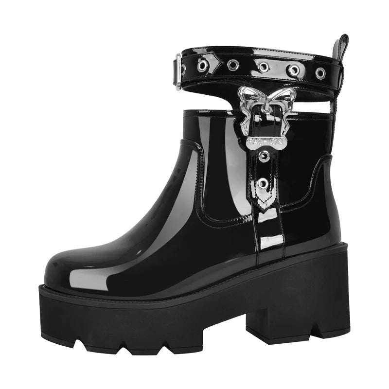 Women Platform Patent Leather Ankle Boots Chunky High Heels Plus Size Black Punk Motorcycle Boots