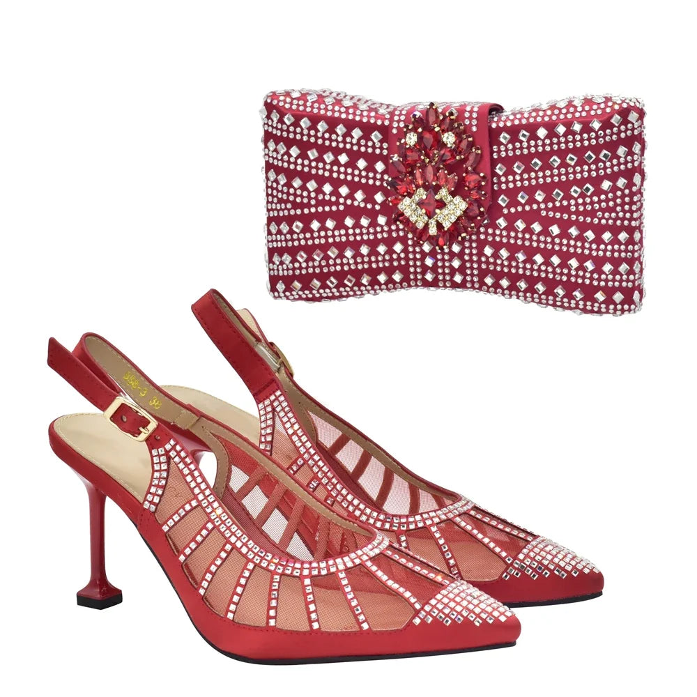 2025 Italian Shoes and Bags Matching Set Decorated with Rhinestone Plus Size Heels