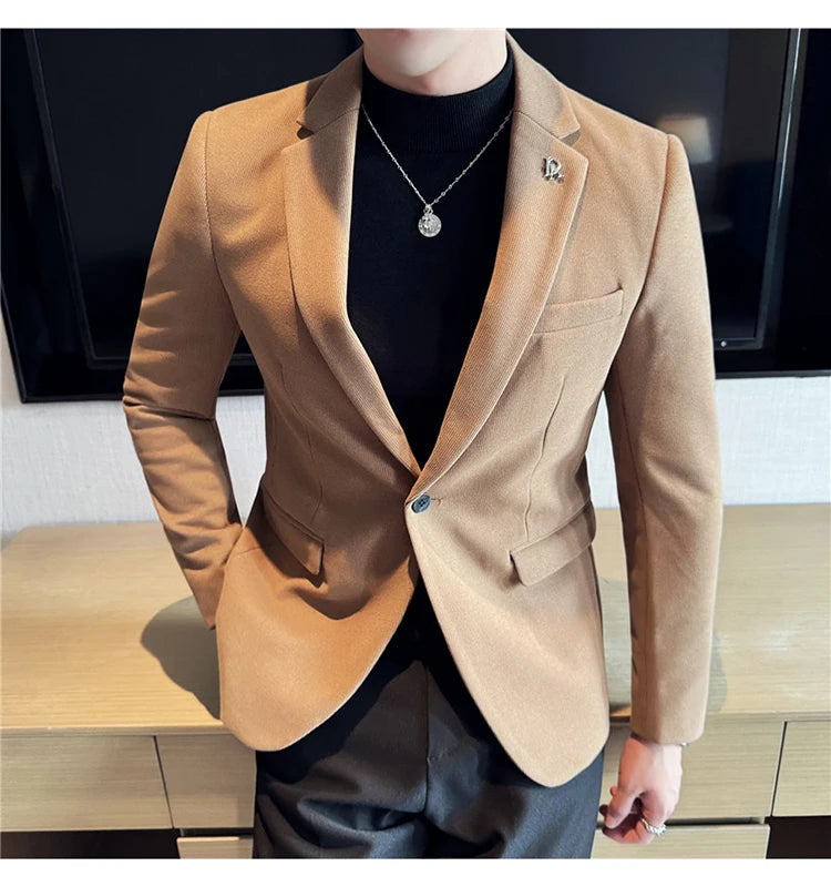 Men's Thickened High-Quality Daily Work Formal Single-Breasted Woollen Coat with Dark Stripe for Autumn and Winter Size S-4XL
