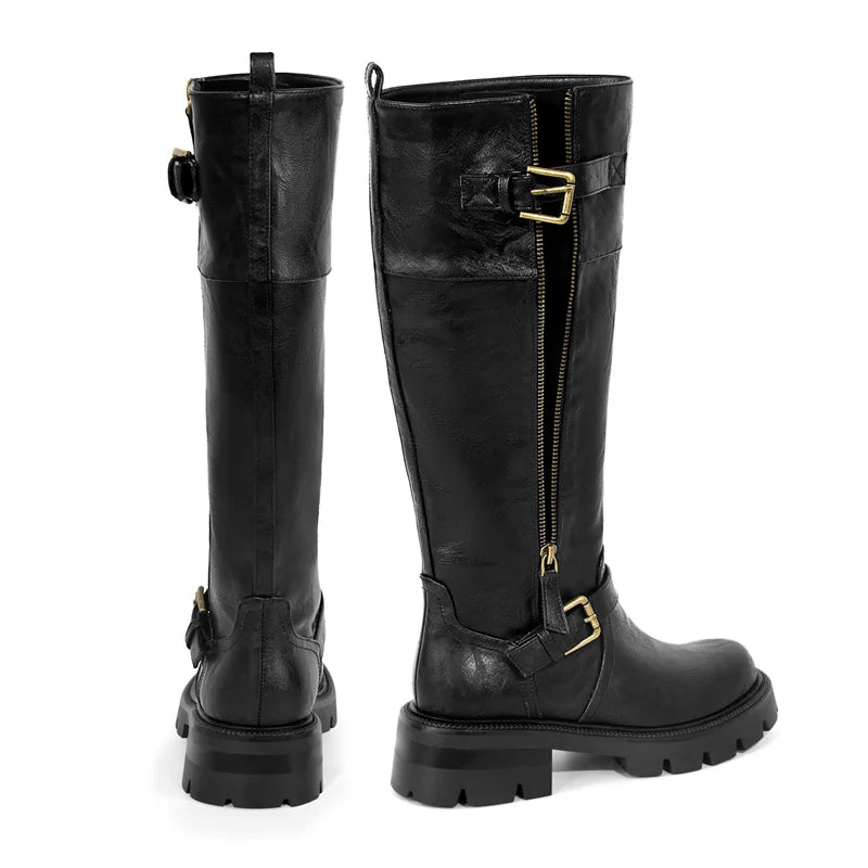 Women Buckle Gothic Black Knee High Boots Heeled Metal Side Zipper Fashion Matte Modern Winnter Boots