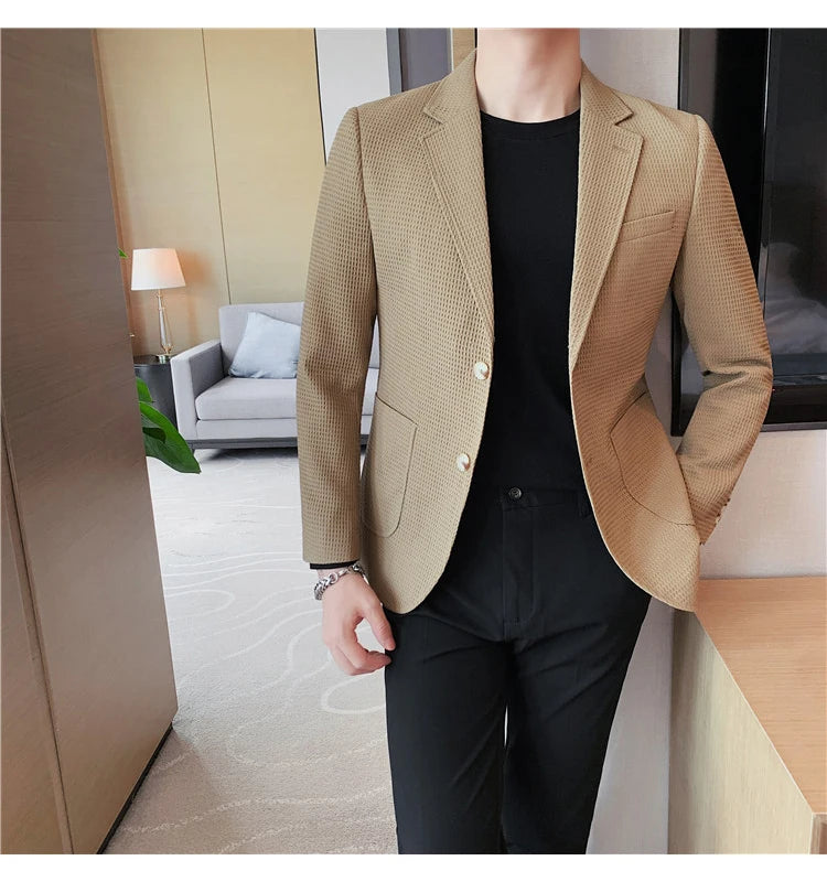 Men’s Waffle Plaid Blazer Coat, Hounds-Tooth Pattern, Wool-Blend Overcoat for Autumn & Winter - Lightweight, Stretchable