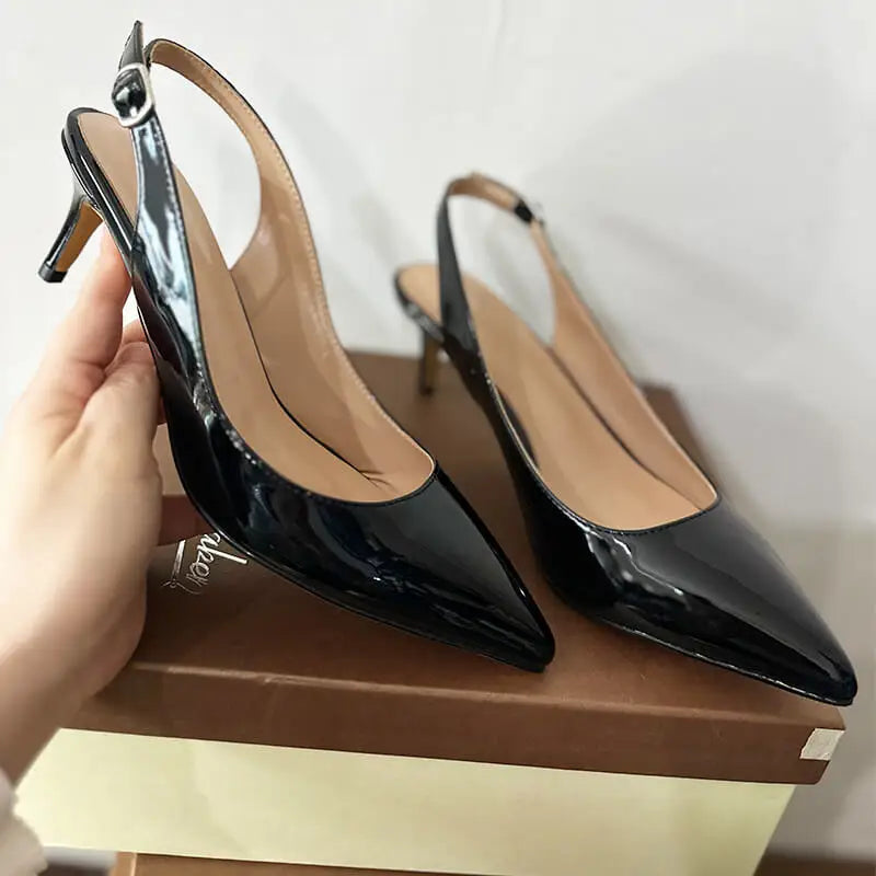 Women Pointed Toe Slingback Sandals Ankle Strap Kitten Heels Party Wedding Graffiti Shoes 6.5CM Pumps