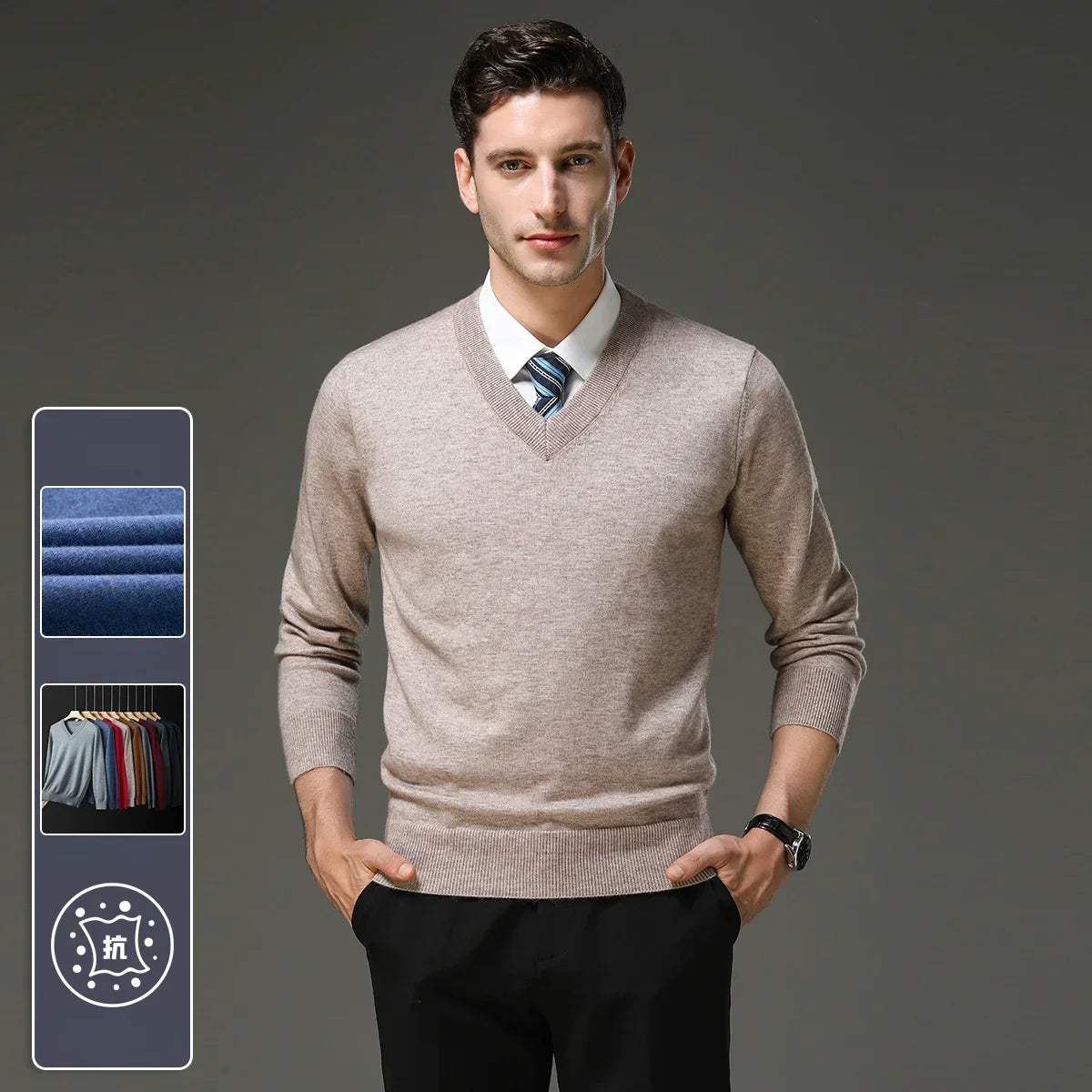 Men's Warm V-Neck Solid Colour Sweater, Autumn & Winter Stretch Top, Daily Leisure Pullover Knitwear, Male Business Casual