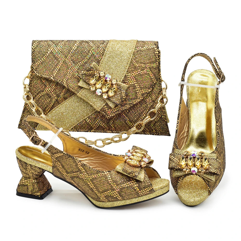 Women's Elegant Medium Heeled African Ladies Shoes and Bags Decorated with Rhinestone for Ladies' Luxury Pumps
