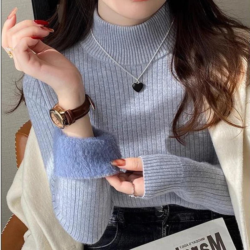 Women's Turtleneck Sweater Winter Retro Red With Velvet Lining Thickened Inner Wear Thermal Knitting Bottoming Shirt