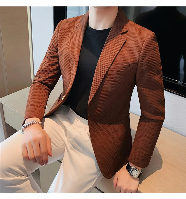 Men’s Waffle Plaid Blazer Coat, Hounds-Tooth Pattern, Wool-Blend Overcoat for Autumn & Winter - Lightweight, Stretchable