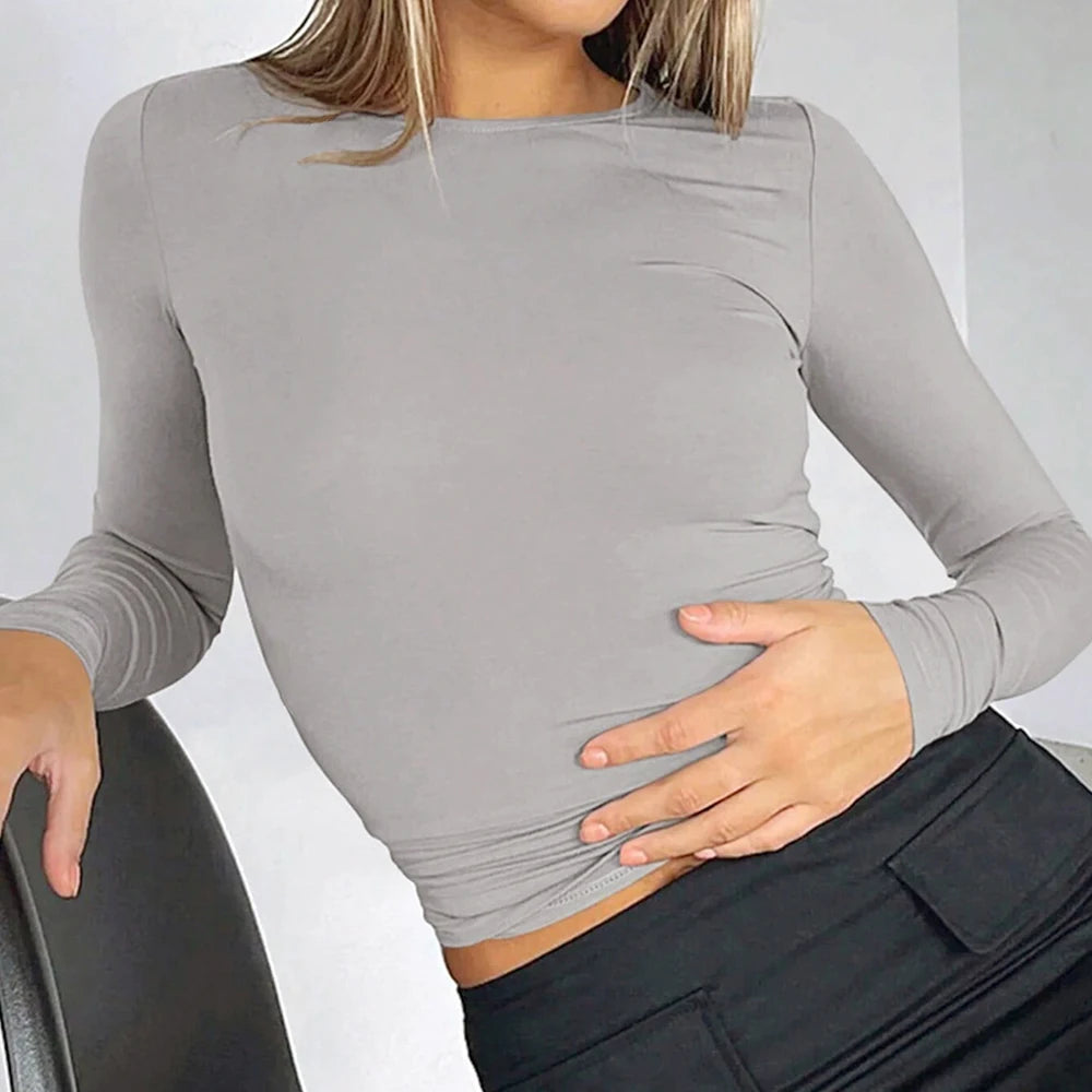 Autumn Winter Women's T shirts Casual Korean Simple Crew Neck Long Sleeve Basic All-match Crop Top