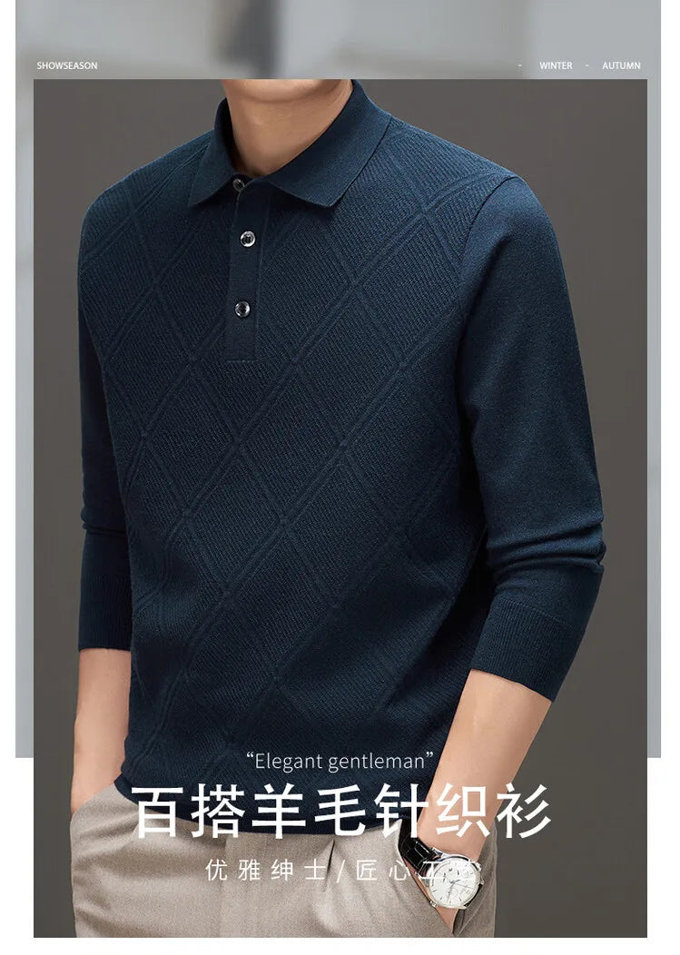 Men's Solid Colour Geometric Pattern Warm Polo, High Quality Woollen Sweater, Suitable For Business Casual & Daily Commute