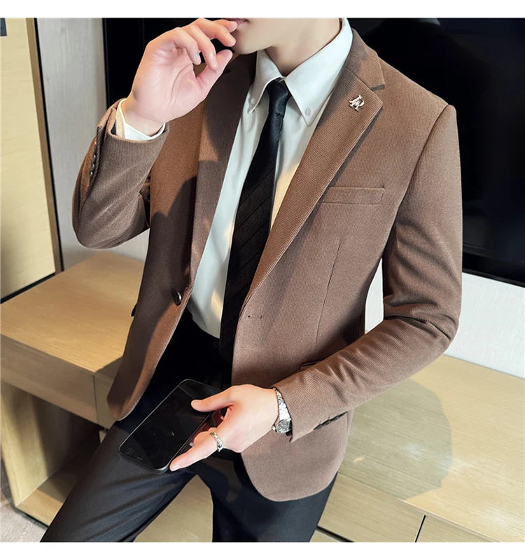 Men's Thickened High-Quality Daily Work Formal Single-Breasted Woollen Coat with Dark Stripe for Autumn and Winter Size S-4XL