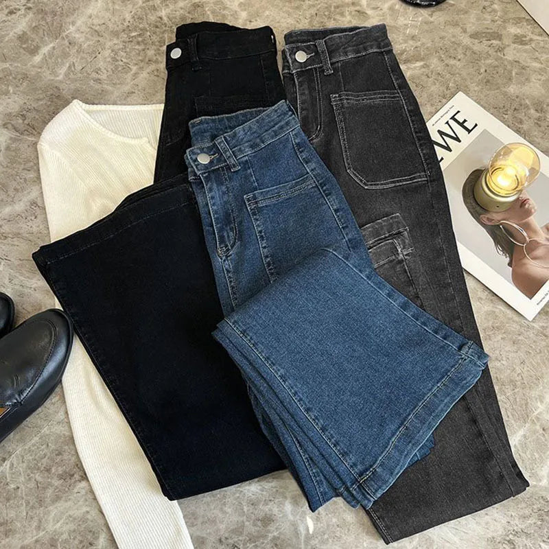 New Women's High Waist Washed Jeans Korean Style Pockets Slim Denim Flared Pants Ladies Vintage Stretch Classic Jean Trousers