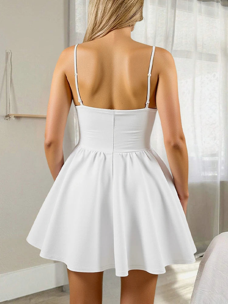 Women's A-Line Mini Short Dresses Square Neck Sleeveless Solid Red Elegant Party Summer Sexy Milkmaid Pleated Dresses