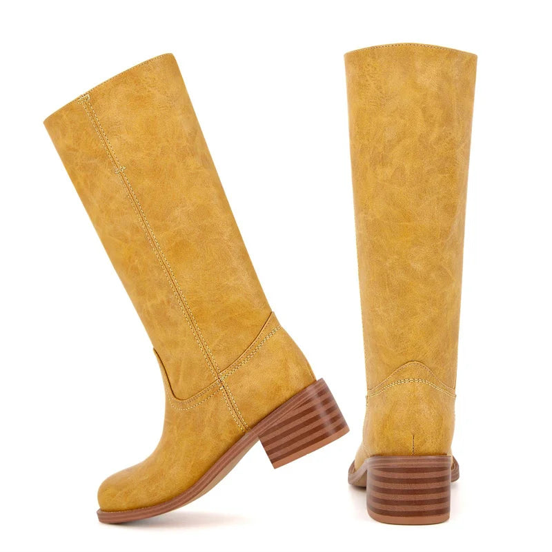 Women Round Toe Knee High Boots Low Heel Fashion Pull on Wide Calf Boots
