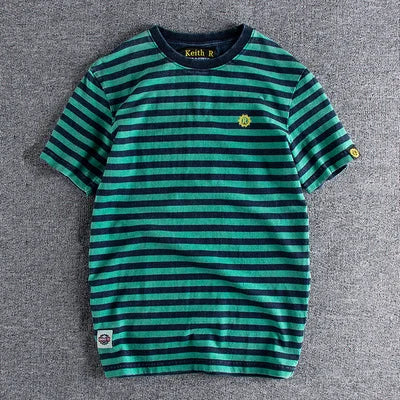 Summer New Japanese Retro Short Sleeve Striped T-shirt Men's Fashion 100% Cotton Slim Simple Round Neck Washed Old Casual Tops