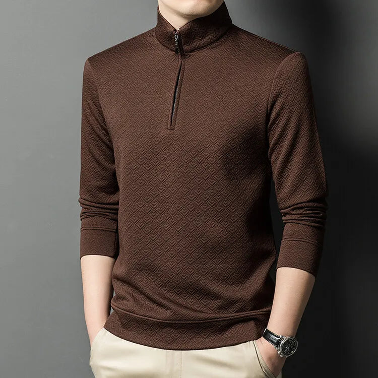 Men's Zipper Stand-Up Collar Long Sleeve T-shirt, Autumn & Winter Fashion Brand Loose Pullover With Advanced Geometric Jacquard Fabric