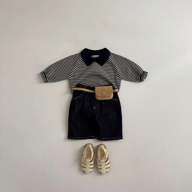 Baby Children's Sweater Turn Down Collar Kids Clothes Classic Striped Boys Jacket Sweaters Girls Knit Pullover 1-6Y Unisex
