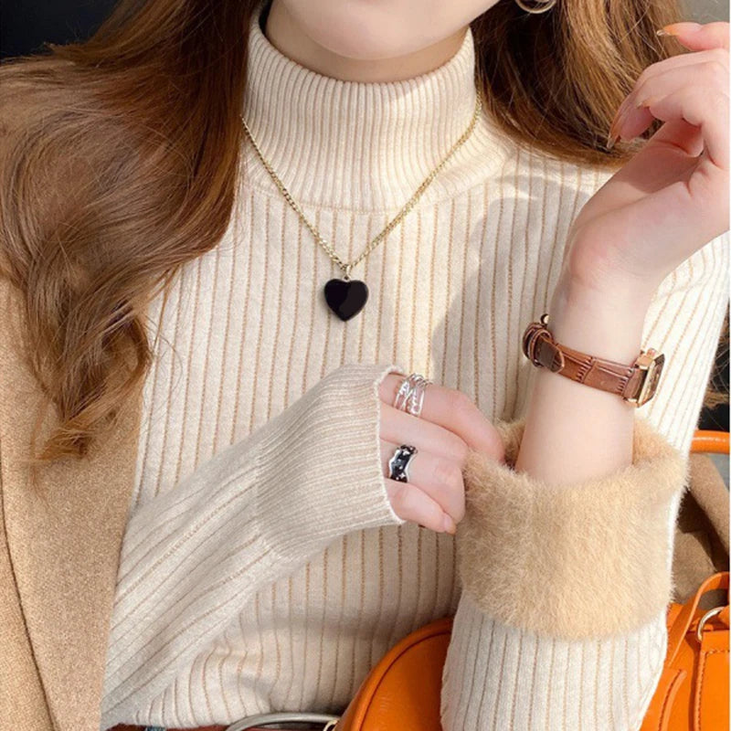 Women's Turtleneck Sweater Winter Retro Red With Velvet Lining Thickened Inner Wear Thermal Knitting Bottoming Shirt