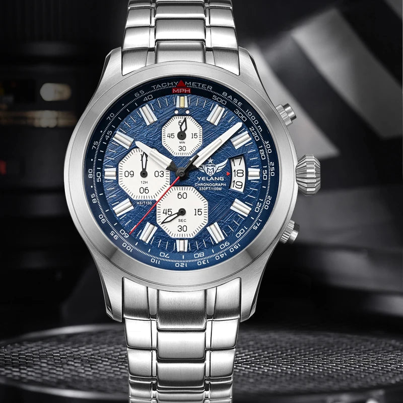 Yelang Men's Three Eyes Six Needles Japan OS00 Movement 100M Water Resistant Waterproof Diving Stainless Steel Quartz Watch