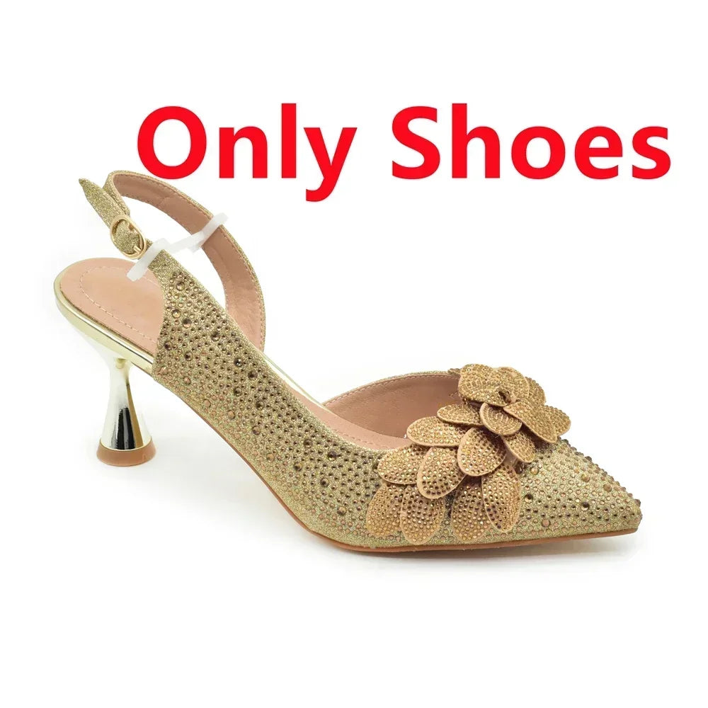 Women's Rhinestones-Decorated Party Luxury Italian Pointed Toe Shoes and Bag Set for Ladies' Wedding Pumps With High Heel