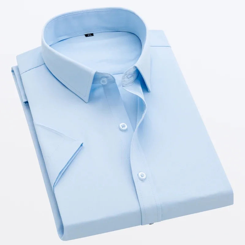 Men Short Sleeve Shirts Summer Ice Silk Light Thin Solid Business Casual Slim Fit White Shirts Classic Fashion Men Clothing