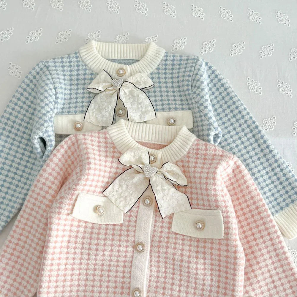 Spring Autumn Children's Clothing Set Girls Plaid Knitted Sweater and Skirt 2PCS Trendy Bow Cardigan Outfit 1-5Y Girls