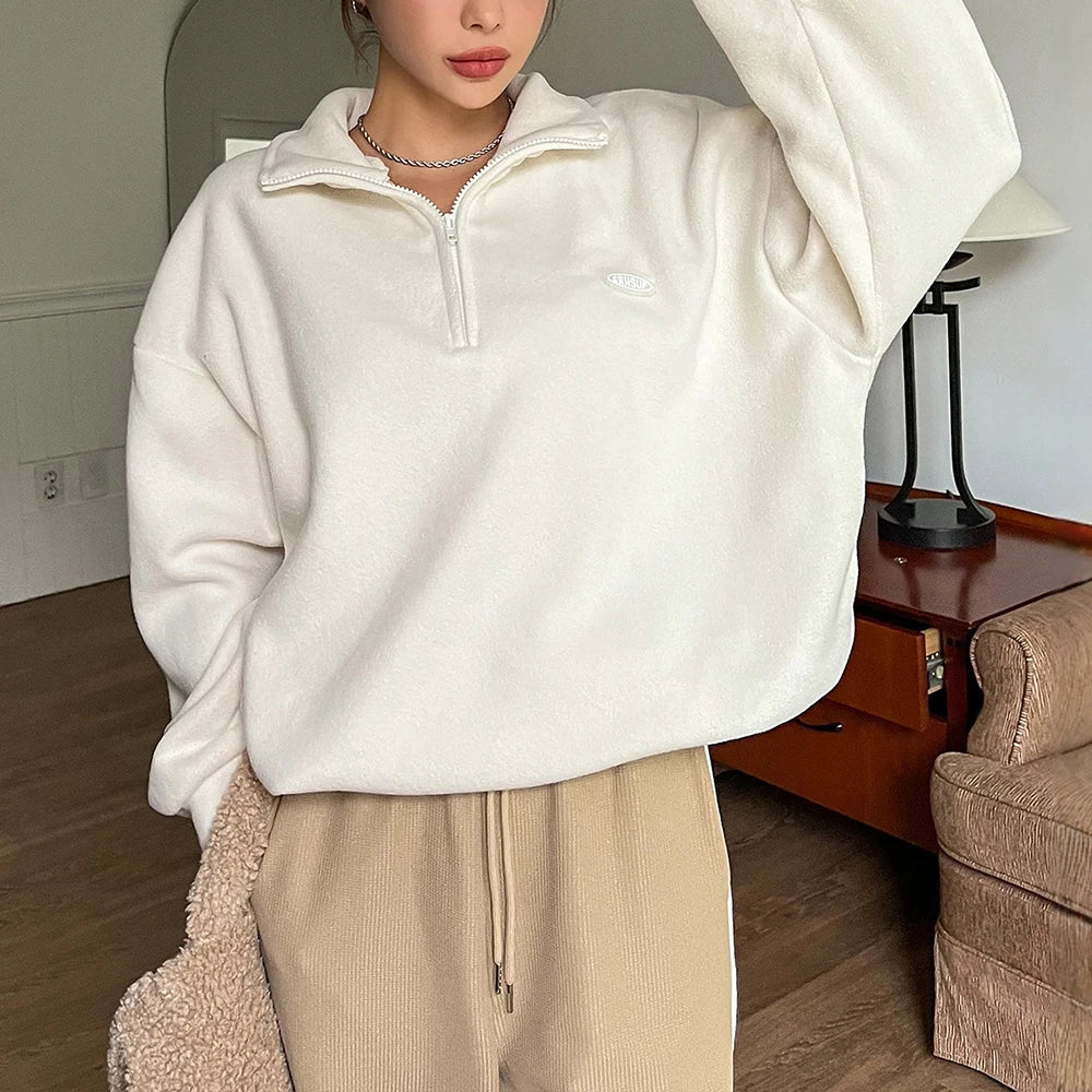 Autumn Winter Hoodies 2025 Women's Comfy Solid Colour Long Sleeve Zipper Half Open Collar Comfortable Loose Fit Hoodies